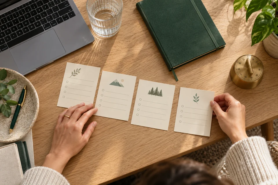 Agenda settimanale, piccole schede e un timer su un tavolo di legno accanto a un laptop