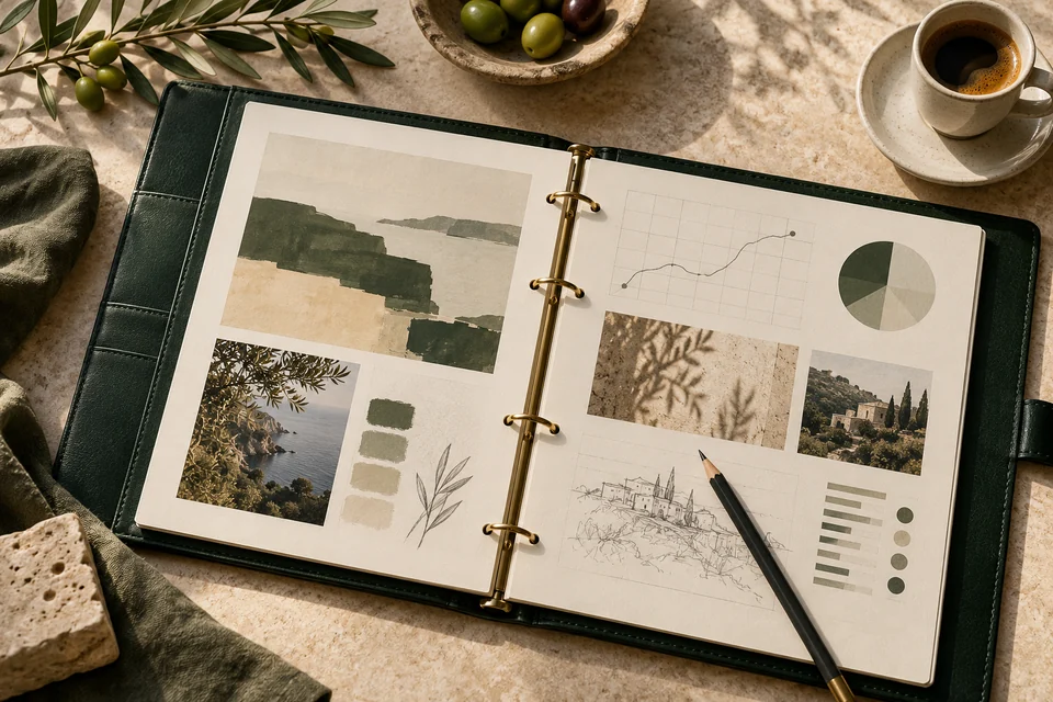 Raccoglitore verde aperto con elaborati illustrativi e appunti su un piano in pietra